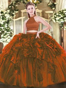 Sophisticated Brown Sleeveless Organza Backless Quince Ball Gowns for Military Ball and Sweet 16 and Quinceanera