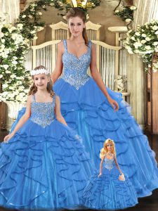 Luxury Beading and Ruffles Quince Ball Gowns Baby Blue Lace Up Sleeveless Floor Length