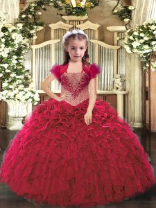  Red Straps Neckline Beading and Ruffles Child Pageant Dress Sleeveless Lace Up