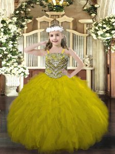 Perfect Floor Length Ball Gowns Sleeveless Olive Green Little Girls Pageant Gowns Lace Up