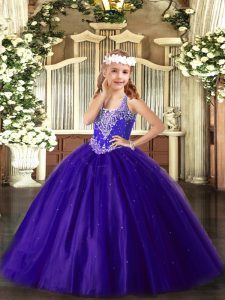 Admirable Floor Length Purple Kids Pageant Dress Tulle Sleeveless Beading