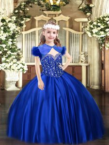 Nice Royal Blue Ball Gowns Straps Sleeveless Satin Floor Length Lace Up Beading Little Girl Pageant Gowns