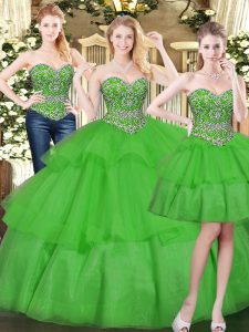  Green Sleeveless Organza Lace Up Quince Ball Gowns for Military Ball and Sweet 16 and Quinceanera