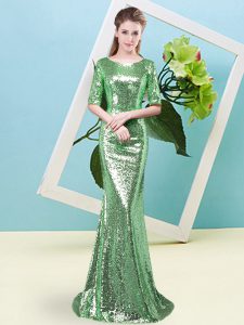 Graceful Green Mermaid Sequins Prom Party Dress Zipper Sequined Half Sleeves Floor Length