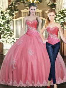  Rose Pink Tulle Lace Up Vestidos de Quinceanera Sleeveless Floor Length Beading and Appliques