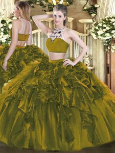  Floor Length Backless Ball Gown Prom Dress Olive Green for Military Ball and Sweet 16 and Quinceanera with Beading and Ruffles