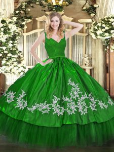 Low Price Ball Gowns Quinceanera Dress Green V-neck Taffeta Sleeveless Floor Length Zipper