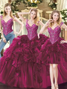  Three Pieces 15 Quinceanera Dress Fuchsia V-neck Organza Sleeveless Floor Length Lace Up