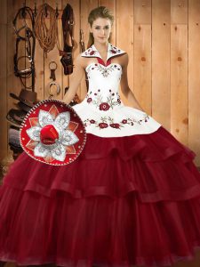 Enchanting Wine Red Ball Gowns Halter Top Sleeveless Satin and Organza With Train Sweep Train Lace Up Embroidery and Ruffled Layers Vestidos de Quinceanera