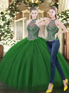  Floor Length Dark Green Sweet 16 Dress High-neck Sleeveless Lace Up