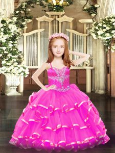 Customized Floor Length Hot Pink Kids Pageant Dress Organza Sleeveless Beading and Ruffled Layers