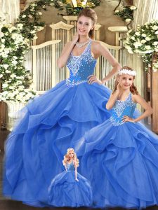 Custom Made Blue Ball Gowns Tulle Straps Sleeveless Beading and Ruffles Floor Length Lace Up Quince Ball Gowns