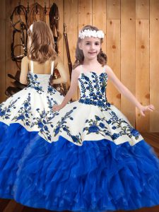 Glorious Floor Length Blue And White Little Girl Pageant Dress Straps Sleeveless Lace Up