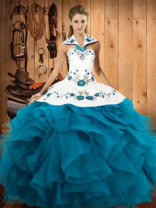  Halter Top Sleeveless Sweet 16 Quinceanera Dress Floor Length Embroidery and Ruffles Teal Tulle