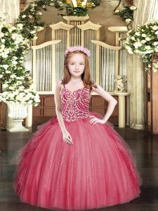  Coral Red Lace Up Spaghetti Straps Beading and Ruffles Party Dress Wholesale Tulle Sleeveless