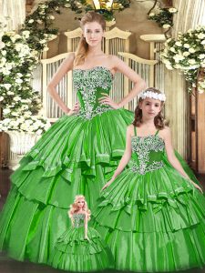 Admirable Green Strapless Lace Up Beading and Ruffled Layers Quince Ball Gowns Sleeveless
