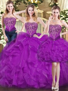  Three Pieces Quince Ball Gowns Purple Sweetheart Organza Sleeveless Floor Length Lace Up
