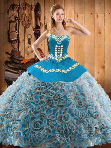  Multi-color Lace Up Sweetheart Embroidery Ball Gown Prom Dress Satin and Fabric With Rolling Flowers Sleeveless Sweep Train