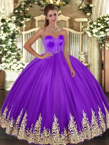 Best Eggplant Purple Ball Gowns Tulle Sweetheart Sleeveless Appliques Floor Length Lace Up Sweet 16 Dresses