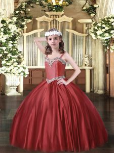 Fantastic Sleeveless Satin Floor Length Lace Up Little Girl Pageant Gowns in Wine Red with Beading