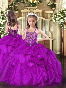 Fashion Fuchsia Organza Lace Up Straps Sleeveless Floor Length Little Girl Pageant Dress Beading and Ruffles