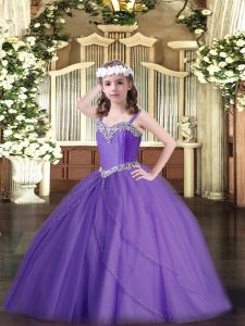Lovely Lavender Sleeveless Tulle Sweep Train Lace Up Kids Formal Wear for Party and Quinceanera and Wedding Party