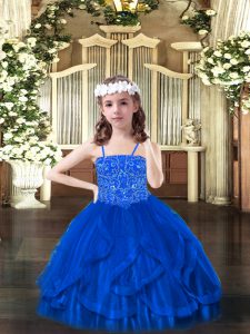  Blue Ball Gowns Beading and Ruffles Kids Formal Wear Lace Up Tulle Sleeveless Floor Length