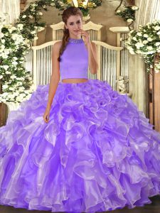 Popular Floor Length Lavender Quince Ball Gowns Organza Sleeveless Beading and Ruffles