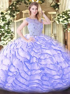  Bateau Sleeveless Quince Ball Gowns Sweep Train Beading and Ruffled Layers Lavender Tulle