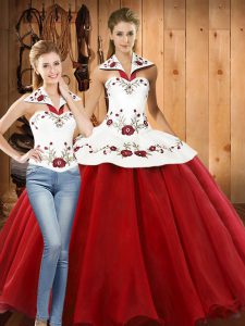  Sleeveless Floor Length Embroidery Lace Up 15 Quinceanera Dress with White And Red 