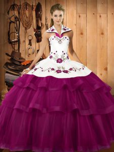 Traditional Fuchsia Lace Up Halter Top Embroidery and Ruffled Layers Quinceanera Gown Organza Sleeveless Sweep Train