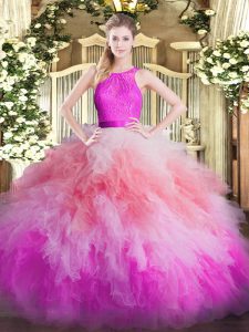 Hot Selling Multi-color Organza Zipper Scoop Sleeveless Floor Length Quince Ball Gowns Lace and Ruffles