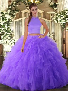  Tulle Halter Top Sleeveless Backless Beading and Ruffles Vestidos de Quinceanera in Lavender