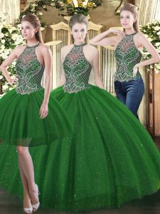 Flare Dark Green Ball Gowns High-neck Sleeveless Tulle Floor Length Lace Up Beading Quinceanera Dresses