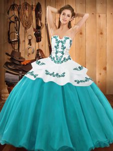Extravagant Teal Lace Up Strapless Embroidery Sweet 16 Dress Satin and Organza Sleeveless