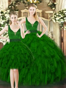  Beading and Ruffles Quince Ball Gowns Dark Green Lace Up Sleeveless Floor Length