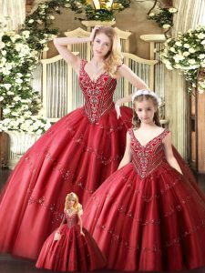 Edgy Tulle Straps Sleeveless Lace Up Beading Sweet 16 Dresses in Red