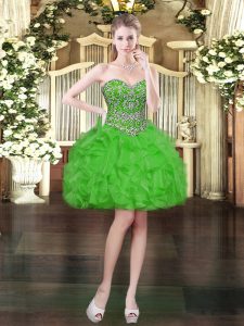 Pretty Sweetheart Sleeveless Prom Party Dress Mini Length Beading and Ruffles Green Organza