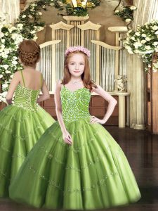 Fashion Sleeveless Floor Length Beading Lace Up Little Girls Pageant Gowns with Olive Green