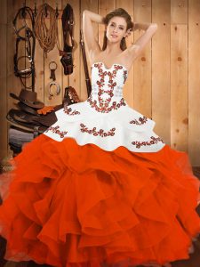Designer Orange Red Satin and Organza Lace Up Strapless Sleeveless Floor Length Sweet 16 Dresses Embroidery and Ruffles