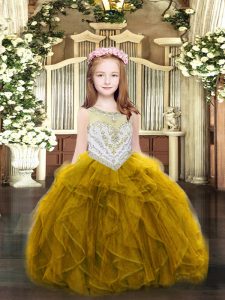  Gold Ball Gowns Organza Scoop Sleeveless Beading and Ruffles Floor Length Zipper Little Girl Pageant Gowns