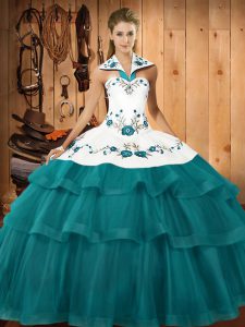 Cheap Halter Top Sleeveless Organza Quinceanera Gown Embroidery and Ruffled Layers Sweep Train Lace Up