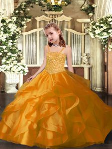 Low Price Orange Ball Gowns Organza Straps Sleeveless Beading and Ruffles Floor Length Lace Up Girls Pageant Dresses