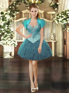 Adorable Sleeveless Organza Mini Length Lace Up Prom Gown in Teal with Beading and Ruffles