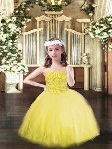 Custom Made Tulle Spaghetti Straps Sleeveless Lace Up Beading Little Girls Pageant Dress in Yellow