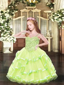  Yellow Green Kids Formal Wear Party and Quinceanera with Appliques Spaghetti Straps Sleeveless Lace Up
