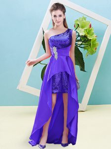 Sophisticated Sleeveless High Low Beading Lace Up Homecoming Dress with Purple