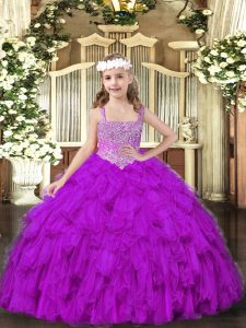  Purple Tulle Lace Up Kids Formal Wear Sleeveless Floor Length Beading and Ruffles