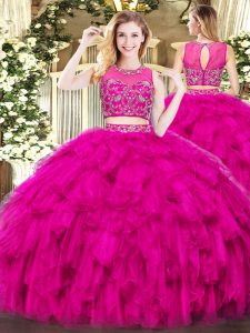 Enchanting Floor Length Fuchsia Ball Gown Prom Dress Tulle Sleeveless Beading and Ruffles