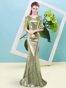 Modest Yellow Green Zipper Prom Evening Gown Sequins Half Sleeves Floor Length